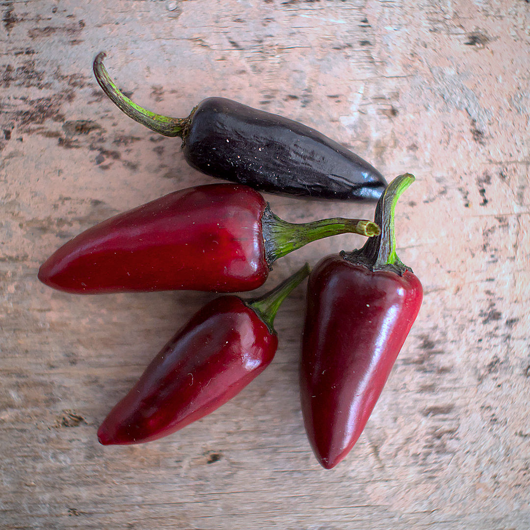 World of Chillies Hungarian Black chilli ripe pods on board