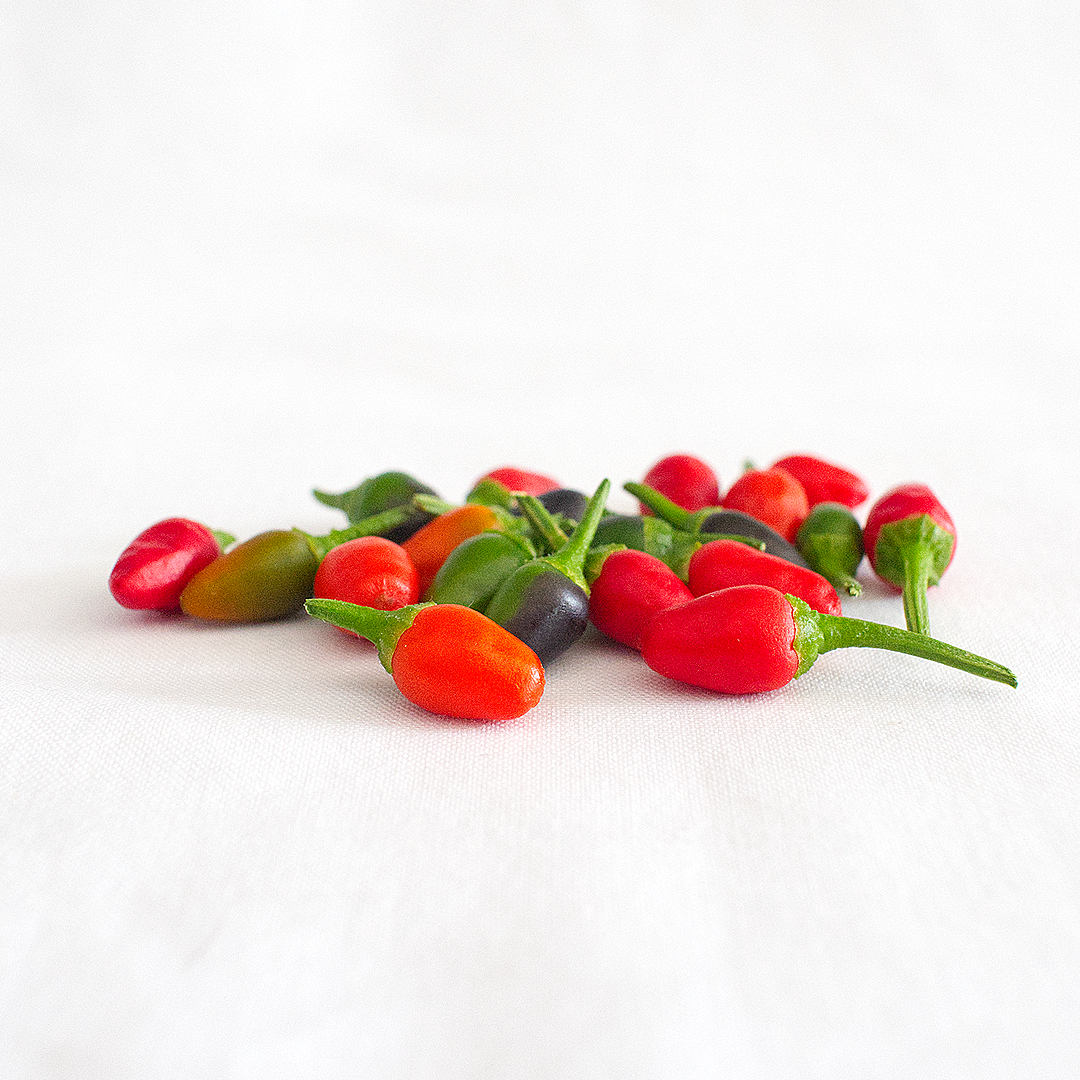 world of chillies Small red Pequin chillies laid out on white surface